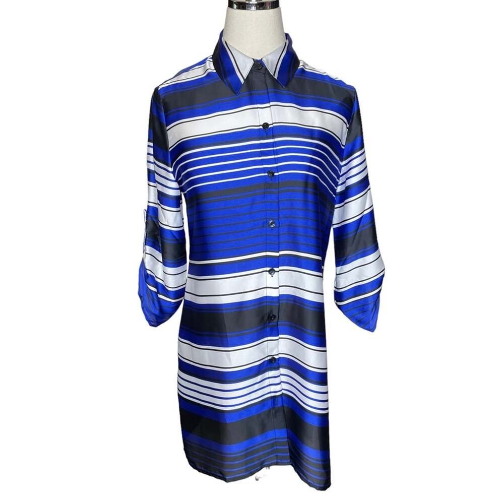 Chico’s Size 0-Small-4 Blue and Black Horizontal Stripe Button Tunic Roll Tab